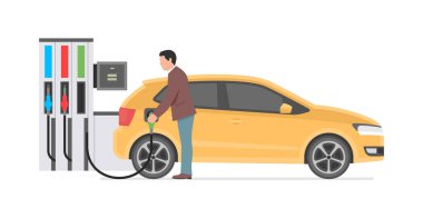 Benzin istasyonu ve adam. beyaz arka plan üzerinde izole