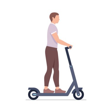 Elektrikli scooter kullanan bir adam. beyaz arkaplanda izole
