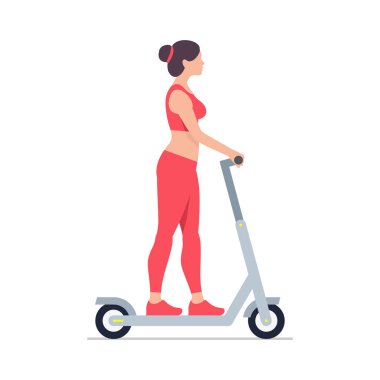 Elektrikli scooter kullanan bir kadın. beyaz arkaplanda izole