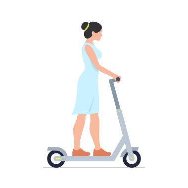 Elektrikli scooter kullanan bir kadın. beyaz arkaplanda izole