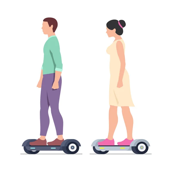 Man Woman Riding Electric Hoverboards Isolated White Background — 스톡 벡터