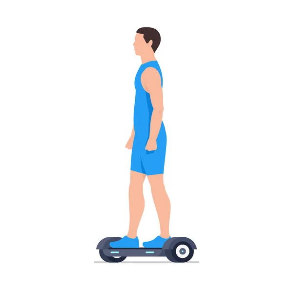 Man Een Elektrische Hoverboard Geïsoleerd Witte Achtergrond — Stockvector