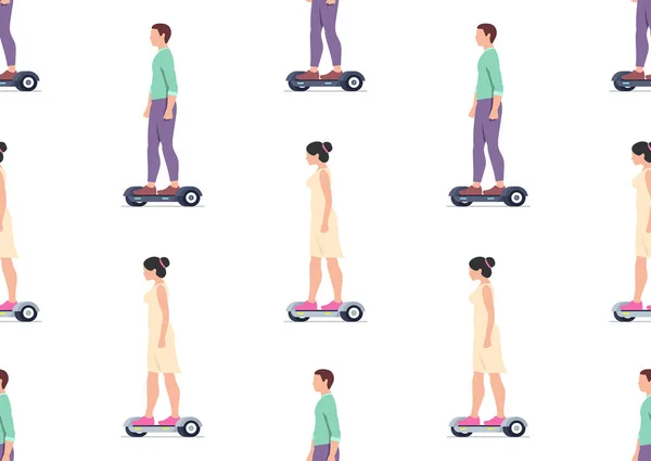 Modello Senza Soluzione Continuità Con Uomo Donna Guida Hoverboard Elettrici — Vettoriale Stock