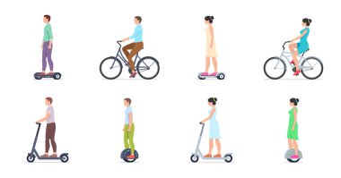 İnsanlar farklı elektrikli taşıma araçları kullanıyor. beyaz arkaplanda izole