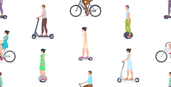 Modèle Sans Couture Avec Les Gens Conduisant Différents Transports Électriques — Image vectorielle