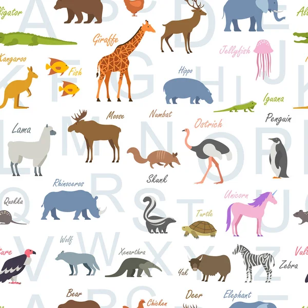 動物園のアルファベットでシームレスなパターン 動物のアルファベット白い背景に隔離され — ストックベクタ