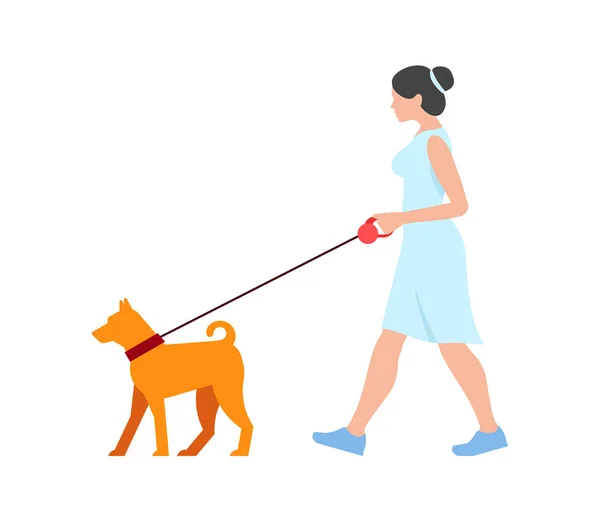 Mujer Paseando Perro Aislado Sobre Fondo Blanco — Vector de stock