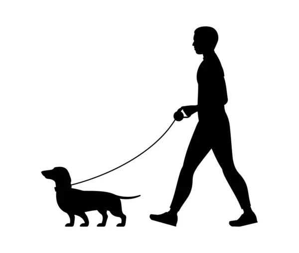 Silhouette Mann Gassi Gehen Mit Dem Hund Isoliert Auf Weißem — Stockvektor