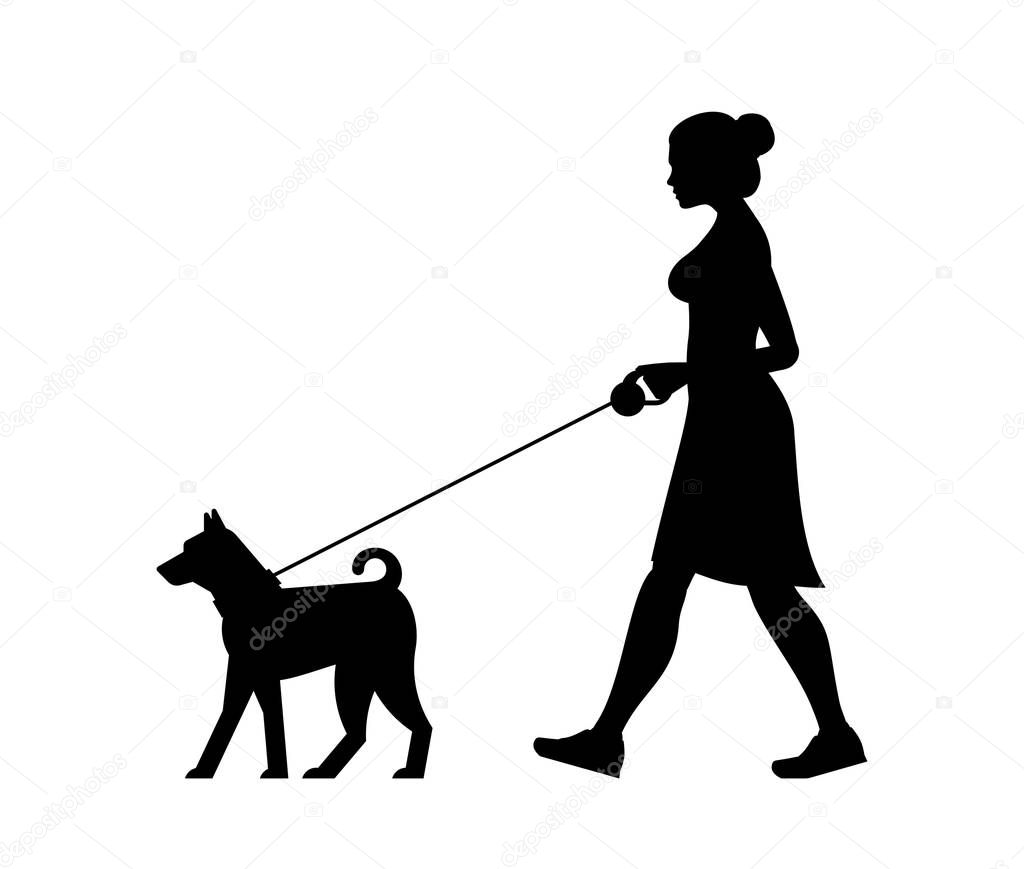 Silhouette Woman walking the dog. isolated on white background
