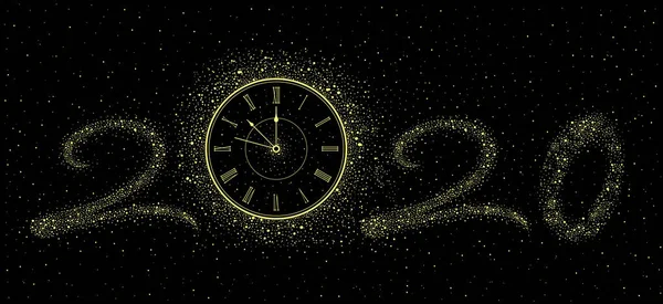 Año Nuevo Reloj Oro 2020 Aislado Sobre Fondo Negro — Vector de stock