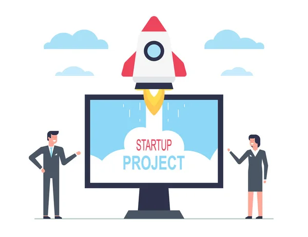 Startup Έννοια Του Επιχειρηματικού Σχεδιασμού Πύραυλο Επιχειρηματίες Εκτοξεύουν Πυραύλους Επιχειρηματική — Διανυσματικό Αρχείο