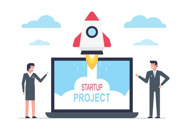 Startup Business Design Concept Met Raket Zakenmensen Lanceren Raket Startup — Stockvector