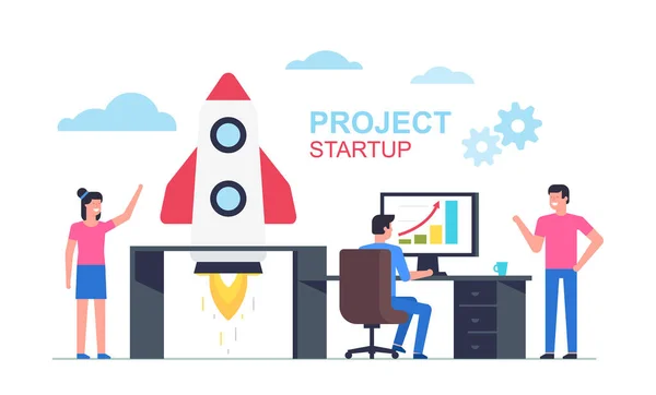 Startup Business Design Concept Met Raket Zakenmensen Lanceren Raket Startup — Stockvector