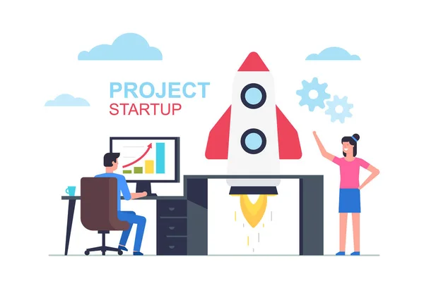 Startup Business Design Concept Met Raket Zakenmensen Lanceren Raket Startup — Stockvector