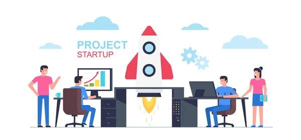 Startup Business Design Concept Met Raket Zakenmensen Lanceren Raket Startup — Stockvector