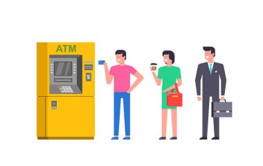 ATM kuyruğunda. ATM kuyruğunda bekleyenler var. ATM 'de bir adam ve kadın kuyrukta bekliyor. ATM kullanarak para transferlerini gerçekleştir
