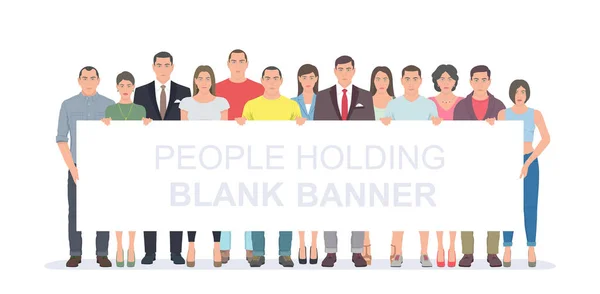 Group People Holding Blank Banner Flat Style — Stock Vector