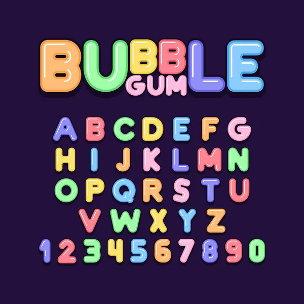 Bubble Gum Písmo Abeceda Písmena Čísla Plochý Styl — Stockový vektor