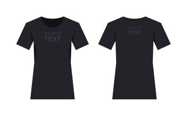 Kadın siyah tişört tasarım şablonu, iki taraftan. Ön ve arka taraflar