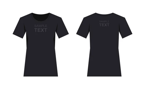 女性の黒いTシャツのデザインテンプレート 2つの側面から 前後の辺 — ストックベクタ