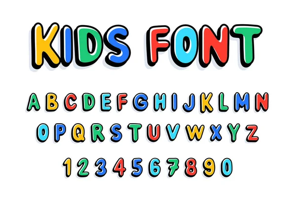 Niños Fuente Alfabeto Letras Números Estilo Plano — Vector de stock