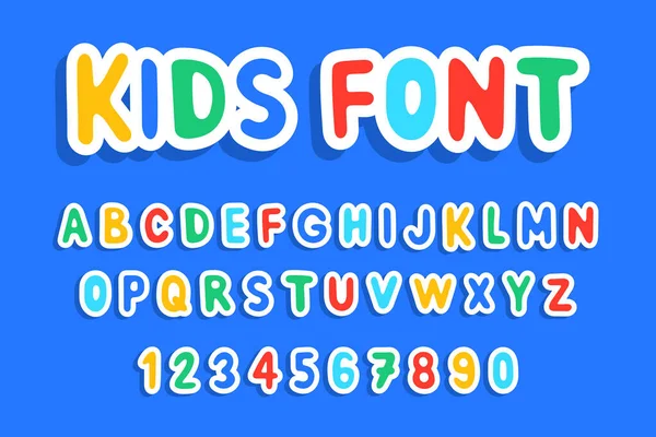 Niños Fuente Alfabeto Letras Números Estilo Plano — Vector de stock