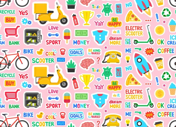 Seamless Pattern Cute Sticker Collection Colorful Stickers Covering Diverse Subjects — Stock Vector