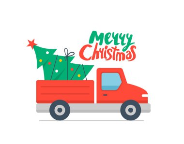 Noel arabası ve Noel ağacı. Kırmızı pikap ve Noel ağacı. Mutlu Noeller.
