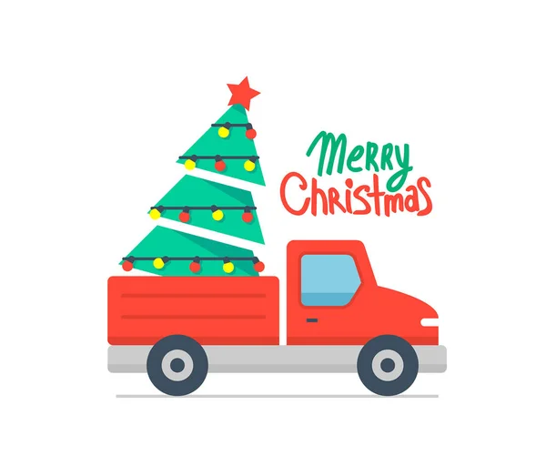 クリスマストラックとクリスマスツリー 赤いピックアップとクリスマスツリー メリークリスマス — ストックベクタ