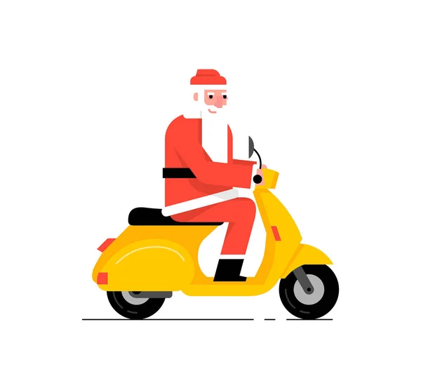 Santa Claus Driving Scooter Flat Style Isolated White Background — Stock Vector