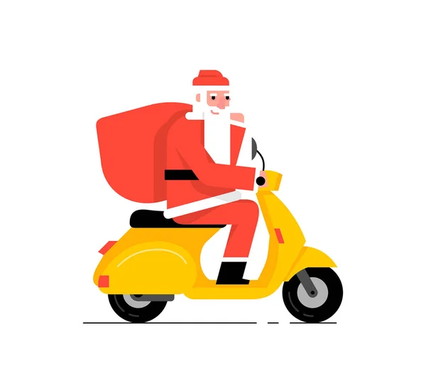 Santa Claus Driving Scooter Flat Style Isolated White Background — Stock Vector