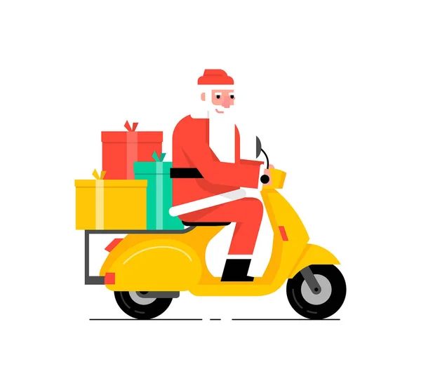 Santa Claus Driving Scooter Flat Style Isolated White Background — Stock Vector