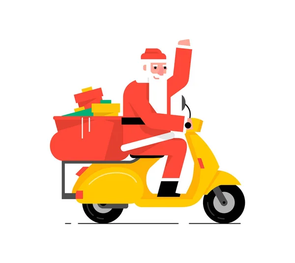 Santa Claus Driving Scooter Flat Style Isolated White Background — Stock Vector
