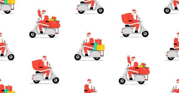 Modello Senza Soluzione Continuità Con Babbo Natale Guida Scooter Isolato — Vettoriale Stock
