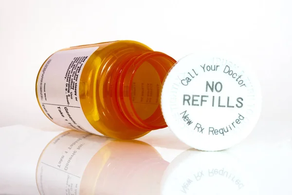 Empty prescription bottle with NO REFILLS cap.