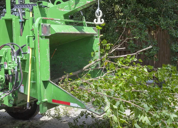Tree service industrial chipper mulching branches.