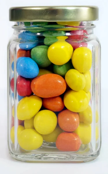 Colorful Chocolate Candies Sugar Shells Clear Glass Jar — Stock Photo, Image