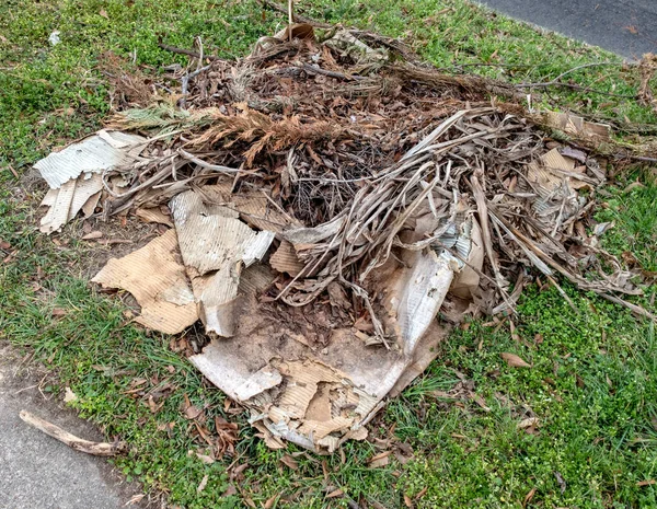 Une Pile Débris Taillés Parures Arbustes Empilés Sur Trottoir Quartier — Photo