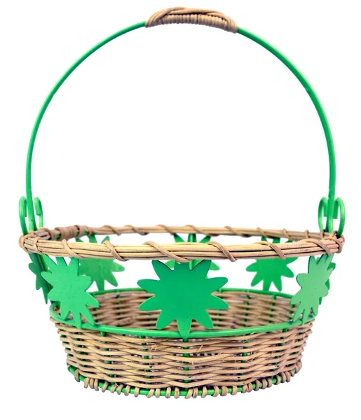 Handmade Wicker Metal Easter Basket Leaf Embellishments Isolated — Stock Photo, Image