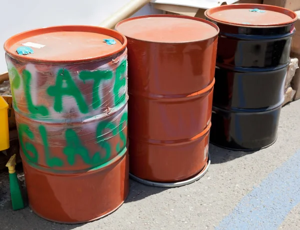 Three Orange Black Industrial Oil Drum Containers Horizontal — Stock Photo, Image