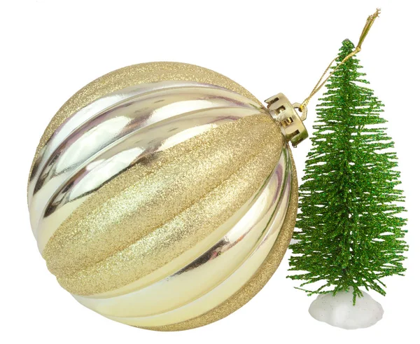 Großer Goldener Weihnachtsschmuck Hängt Winzigen Zierbaum Isoliert — Stockfoto