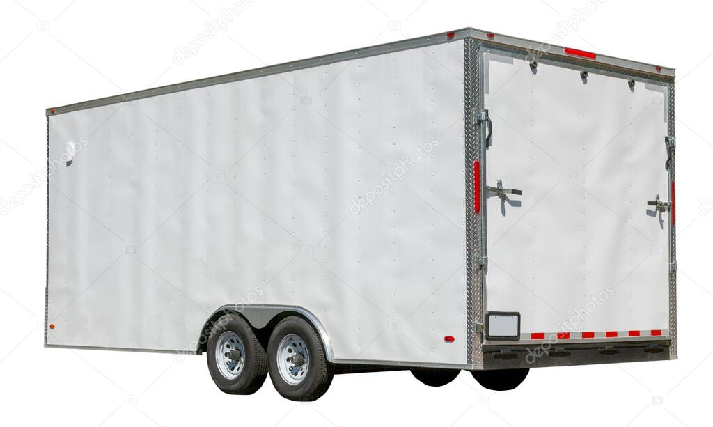 Side and rear view of isolated cargo freight trailer.