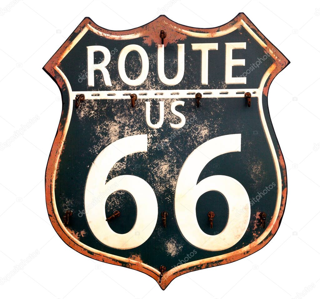 Isolated rusty Route 66 sign. Symbolic Mother Road of the United States.
