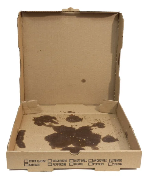 Leere Fettige Pizzaschachtel Mit Geöffnetem Deckel Isoliert — Stockfoto