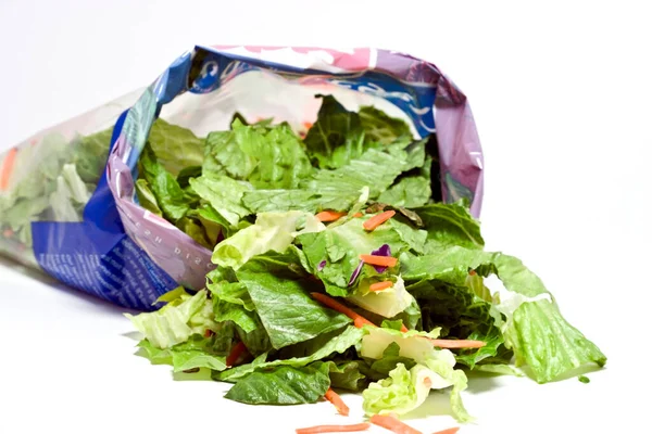 Open Bag Salad Lettuce Carrots Shallow Focus White Background Horizontal — Stock Photo, Image