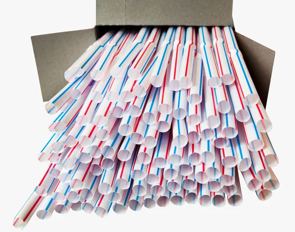 Red White Blue Plastic Straws Spilling Box Isolated — Stock Photo, Image