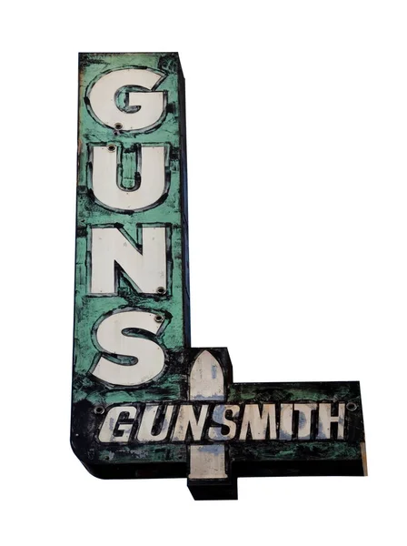 Τεταμένη Ξεπερασμένη Πινακίδα Guns Gunsmith Απομονωμένοι Κάθετη — Φωτογραφία Αρχείου