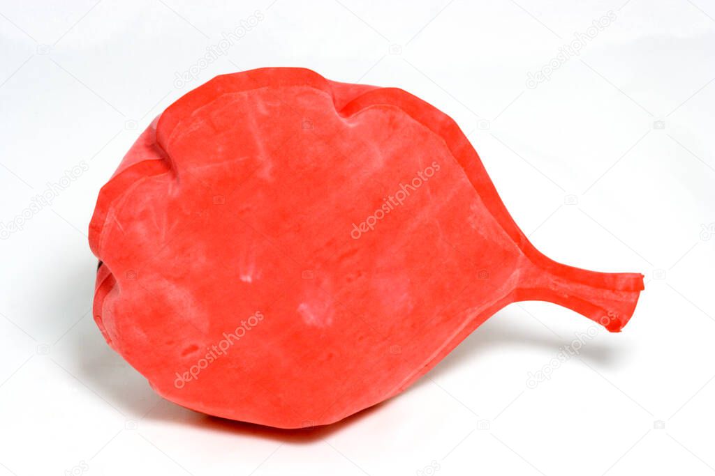 Classic gag- inflated red rubber whoopee cushion on a white background. Horizontal.