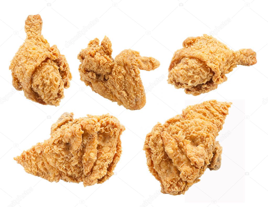 Fried chicken Breast Leg and Wing - isolated on white background.