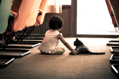 Halı evde - stok görüntü üzerinde kedi dokunmadan çocuk